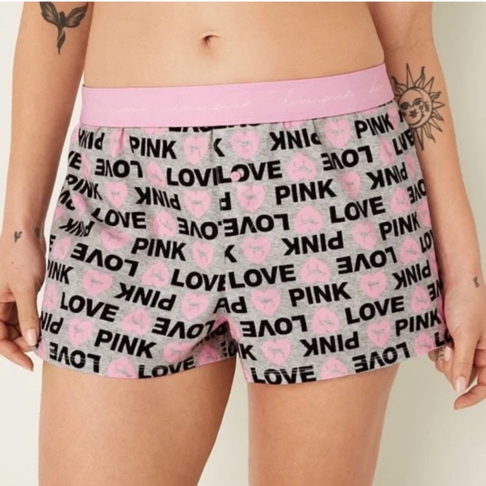 VS PINK Grey Logo Sleep Shorts Pink Waistband | M NWT